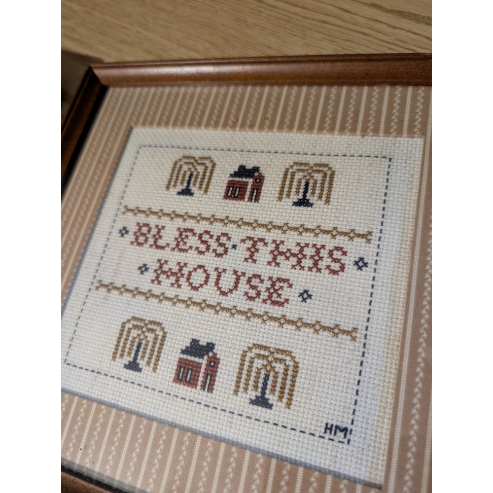 Vintage Bless This House Cross Stitch in Wood Frame 80's Country Folk Art